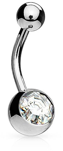 Navelstänger, navelring, kroppspiercing, smyckestång med kristallboll, kirurgiskt stål, 14 g (silver, 1 x kristallboll), Legerat stål
