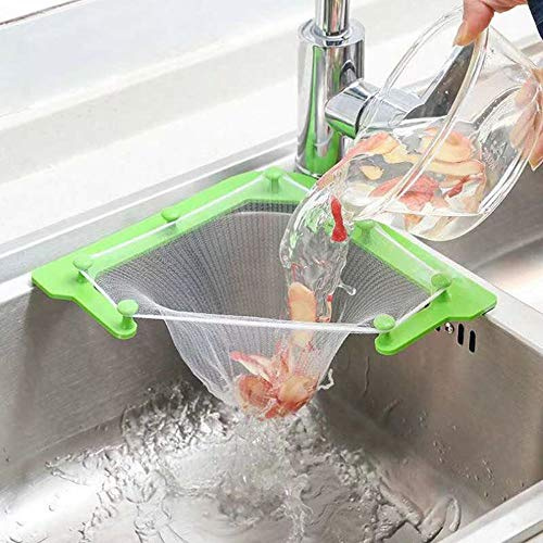 Abflusssieb für Küche, dreieckiges Abflusssieb mit 100 Stück Spülbeckensiebbeutel, hängende Netztasche, Küchensieb, feine Netztasche, Eckspüle, Müllaufbewahrung (1 Halter + 200 Filterbeutel)