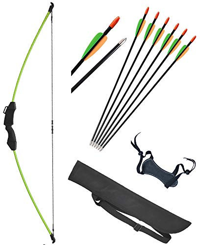 ZSHJGJR Outdoor Jugend Recurve Pfeil und Bogen Set mit Köcher Kinder Junior Bogenschießen Anfänger Langbogentraining mit Fiberglaspfeile Armschutz und Köcher (Grün)