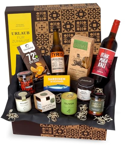 Präsentbox Urlaub für Zuhause - Gefüllter Geschenkkorb mit Sangría, & mediterranen Leckereien von jamon.de - Gourmet-Geschenk für jeden Anlass