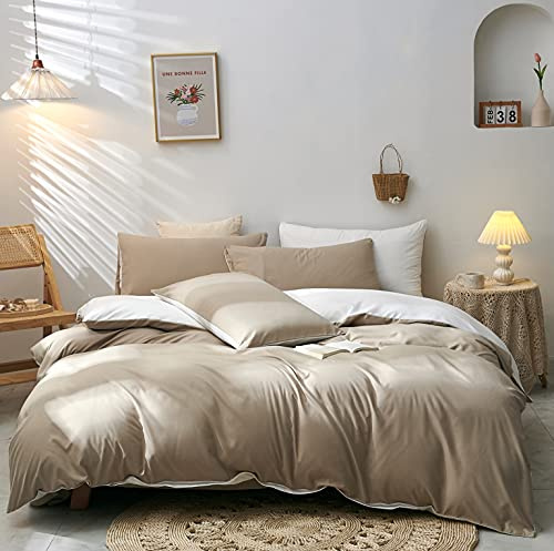 Damier Bettwäsche 220×240cm Beige Weiß Superweiches Microfaser Bettbezug Set 3 Teilig Wendebettwäsche Bettbezug mit Reißverschluss und 2 KopfKopfkissenbezüge 80 × 80 cm