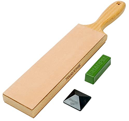 SHARPAL 205H Doppelseitiger Leder-Streichriemen (330 x 60 mm) Kit mit 53g Polierpaste und Winkelführung, Messerabstreifblock zum Schärfen und Honen von Messern