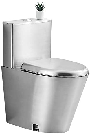 Gewerbliche Toilette aus 304 Edelstahl, Doppelspültoilette, hocheffiziente einteilige Toilette mit Wassereinsparung, Toilettenschüssel mit Soft-Close-Sitz und bequemer Sitzhöhe, Siphonspülung (Edelsta