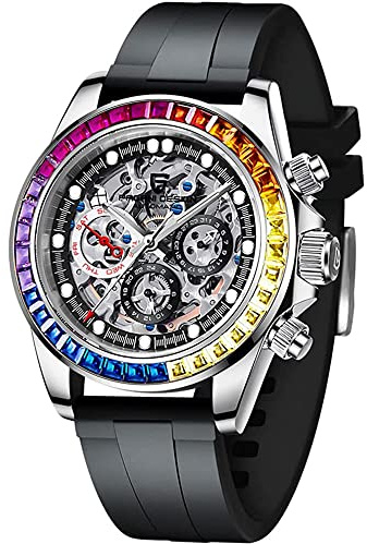 RollsTimi orologi automatici uomo diamante arcobaleno automatico meccanico impermeabile in acciaio inox cronografo scheletro uomini 40mm (QA1653 nastro anello gioiello argento nero)