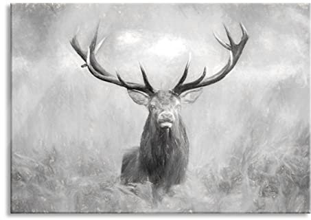 Pixxprint Glasbild, Wandbild aus Echtglas, Großer Hirsch im Feld Kunst, 100x70 cm, inkl. Aufhängung und Abstandshalter