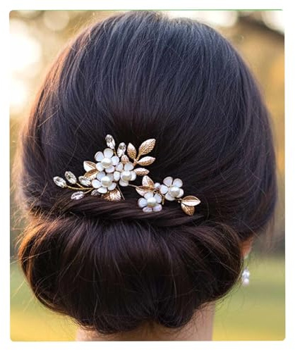 Flayem Goldene Haarnadeln mit Perlenblüten, Kristallverzierung, Hochzeit Haarschmuck, 2 Stück