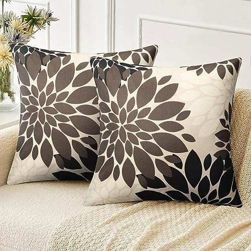 Velvhom Deko Kissen Bezüge Braun Schwarz Dahlie Blumen Boho Kissenbezug 50x50 Leinen Sofakisse Outdoor Kissen Zierkissenbezüge für Wohnzimmer Schlafzimmer Sofa Stuhl Wohnkultur, 2er Set
