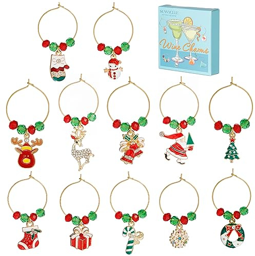 SUNNYCLUE 1 Box 12 Sets Weihnachts Weinanhänger Getränkemarkierungen Rot Grüne Kristallglasperlen Weinglas Perlenringe Emaille Weihnachtsmann Anhänger Weinkennzeichnung Getränkekennzeichnung Für Part