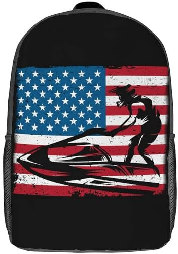 Rucksack Jet-Ski-Amerikanische Flagge Im Vintage-Design Laptoprucksack Wasserdichte Laptop-Rucksack Stylische Schulrucksack Für Job, Freizeit, Schule, 43X32X14Cm