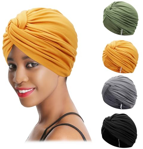 XEPST 4 Stücke Turban Damen Chemo Hüte, Turban für Frauen Vorgebunden Beanie Kopfbedeckung Plissee Mütze Weich Turban Kopfwickel Kappe Haarausfall Hut
