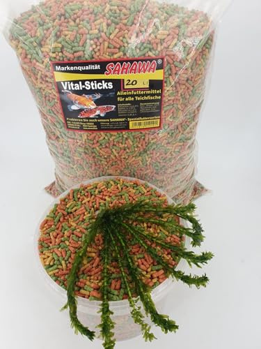 Fischfutter Teichfutter SAHAWA Premium Teichsticks 3-Fach Mix 20 l = 2,3 Kg + 1x Egeria Densa Wasserpest ca. 20 cm Teichpflanze