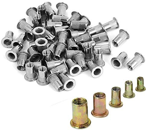 KOINEN ❀Edelstahl-Befestigungselemente, Schraubenbolzen-Set, Flachkopf-Nietmuttern-Set, Nietmuttern-Sortimentsset, Blindnietmuttern-Box mit Flachkopfmuttern, Zugkappenmuttern-Werkzeug