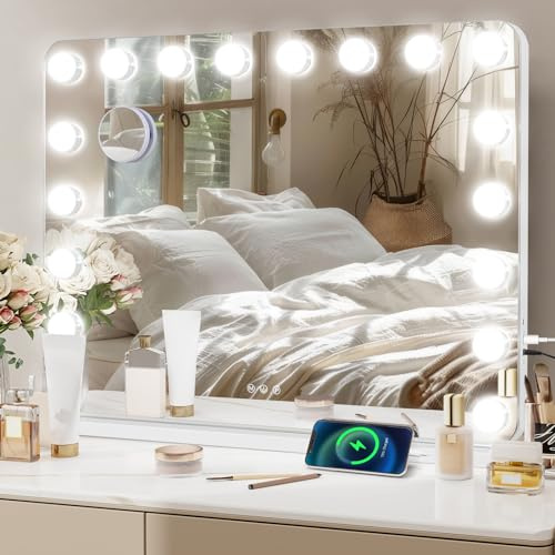 YU YUSING Hollywood Schminkspiegel mit Beleuchtung, 80x60cm 18 LED-Licht | Kosmetikspiegel 3 Modi, Vanity Spiegel Tischspiegel Wandspiegel mit USB 10X Vergrößerung für Schlafzimmer Schminktisch, Weiß