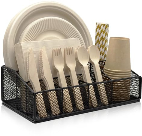 DysanVica Pappteller-Organizer für Arbeitsplatte, Besteckkorb aus Metall mit 6 Fächern für Pappteller, Becher, Servietten, Utensilienhalter für Party, Camping, Picknick, Schwarz