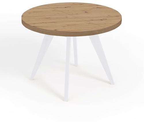 Dekori Möbel Runder Ausziehbarer Tisch für Esszimmer mit Holzbeinen, LORA, Loft-Stil, Skandinavische, Durchmesser Varianten: von 90 bis 220 cm (Eiche Artisan/Weiß, Durchmesser: 90/140 cm)