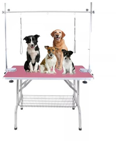 HJYryhyfddply 110 cm Großer, Faltbarer Trimmtisch für Hunde mit Verstellbarem Arm, Klemmen, Zwei Pflegeschlingen, Maximale Tragkraft Bis Zu 120 Kg für Hunde Und Katzen(Pink)