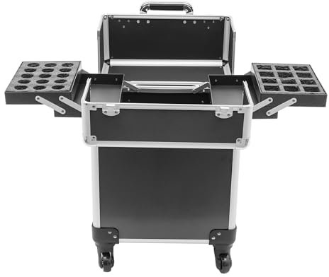 Valigetta per cosmetici, grande valigetta per trucchi da donna, con ruote girevoli a 360°, con chiusura a chiave, con beauty case per viaggi, estetista, parrucchiere, Nero