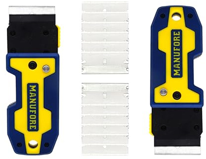 MANUFORE Folding Cleaning Scraper Yellow Portable Multi-Purpose Razor Blade Scraper for Cleaning Glass, Stove-top, Window, Floor(2 Scrapers, 10 Stainless Steel Blades)