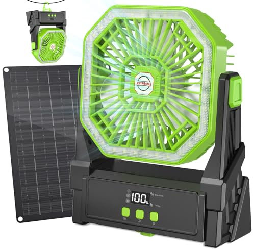 Ventilador Solar,Ventilador de Camping con Panel Solar de 10W,10000mAh Ventilador USB Recargable Portatil con Pantalla LED, Temporizador, Luz,4 Velocidades Ventilador a Bateria para Exterior (Verde)