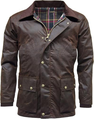 Langärmelige Wachsjacke für Erwachsene, mit Schottenkaro-Futter, warme Reißverschlusstasche, abnehmbare Kapuze, braun, M