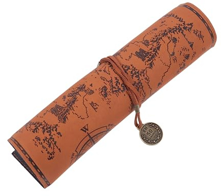 Angoily Vintage Federmäppchen Aus Hochwertigem Leder Mit Mattem Karten-Design Großes Rolle-federmäppchen Mit Strapazierfähiger Naht Praktisches Stifte-etui Für Schule Büro Und Künstlerbeda