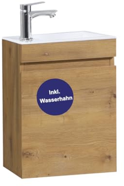 Kometmöbel Gäste-WC Waschtisch Set 40 cm Vormontiert Klein Waschbecken mit Unterschrank (Eiche 40cm, Mit Wasserhahn Chrom)
