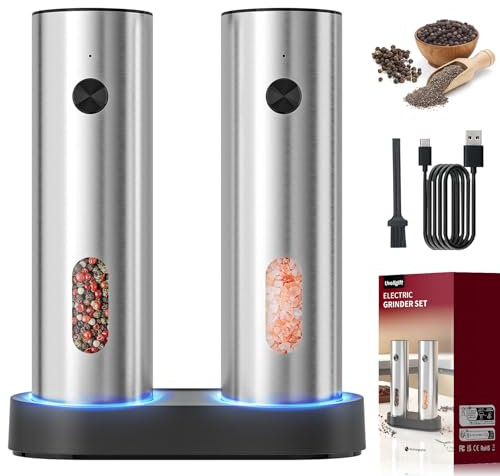 Electric Salt and Pepper Grinder Set: USB Rechargeable Pepper Grinder with Charging Base, 110ml Large Container Pepper Mill with Adjustable 5 Levels of Coarseness, Stainless Steel Grinder for Kitchen