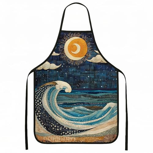 Delantal de cocina acolchado con diseño de olas del océano, cielo nocturno, para cocinar, barbacoa de playa de verano, trabajo culinario para adultos, Azul, 24x31 Inch