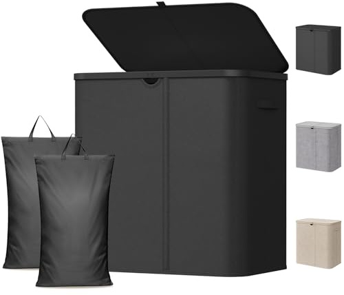 Lifewit Panier a Linge 2 Compartiments avec Couvercle, Grand Corbeille a Linge avec Sacs Amovibles, Laundry Basket pour Salle de Bain, Chambre, Buanderie, 145 L, Noir