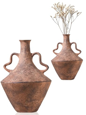 UPWOIGH 35.6x23 CM Tall Vintage Ceramic Vase with Handles, Antique Terracotta Pottery Vase for Living Room Table Decor, Rustic Farmhouse Bedroom Decoration, Distressed Brown with Black Markings, Gift