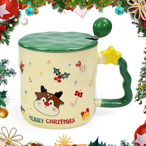 ADERTOS Tasse à Café de Noël en Céramique Tasse à Café de Noëls en Céramiques avec Couvercle et Cuillère Tasses à Thé en Céramique Père Noël Tasse Kawaii a Cafe Tasses pour Cadeau de Noëls