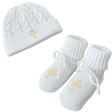 Crochet Baby Booties & Hat with Cross, Newborn Christening Baptism Outfit Knit Infant Shoes & Cap Gift for Baby Boy Girl 2PCs (White+Gold Cross, 3-6 Months)