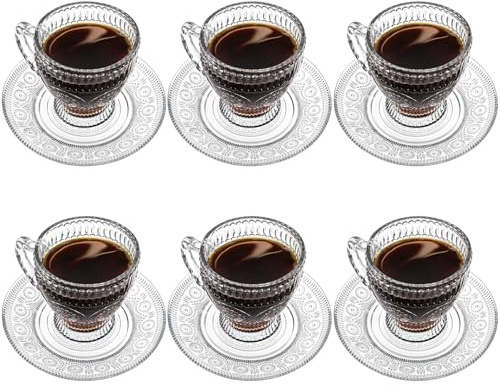 Kingrol 6-Piece Embossed Glass Mug Set with Saucers, 7 oz Vintage Tea Cups with Handle, Clear Glass Coffee Mugs for Latte, Cappuccino, Espresso, Hot or Iced Drinks