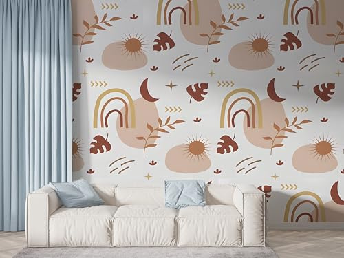 Boceoey Papier Peint Panoramique Bohème Feuilles De Palmier 3D - Motif Symboles Du Soleil Minimalist - Décoration Murale pour Salon & Chambre, Intissé Autocollant Papier Mural, 100x70 cm K-243