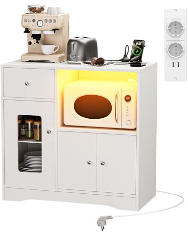 Ztexkee Küchenschrank mit Arbeitsplatte Buffetschrank mit Steckdose und LED, Sideboard Küche, Küchenkommode mit Verstellbares Regal (Weiß, 83x40x80 cm)