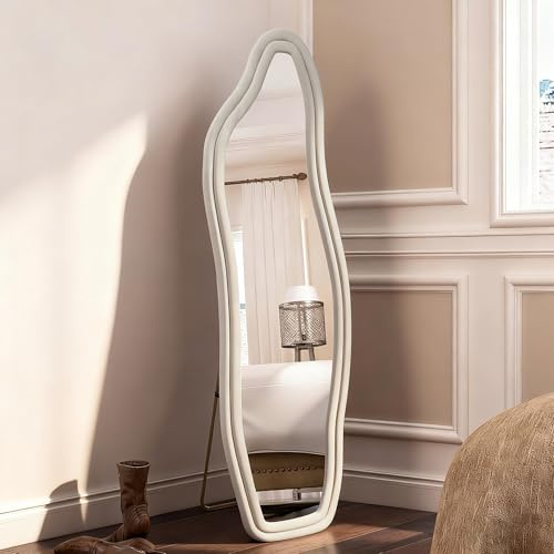 Julyue Specchio asimmetrico, telaio in velluto, specchio unico per tutto il corpo, specchio da parete HD, specchio per il trucco irregolare, autoportante o montaggio a parete. (bianco, 140 × 45 cm)