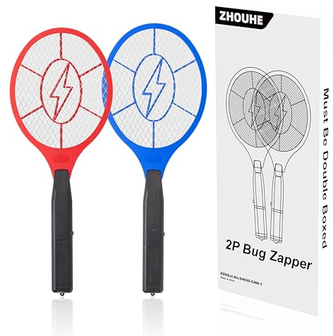 Electric Fly Swatter 2 Pack (Red & Blue), Battery Powered Bug Zapper Racket for Mosquitoes & Flies, Safe Protective Mesh, Indoor & Outdoor Use, Batteries Not Included