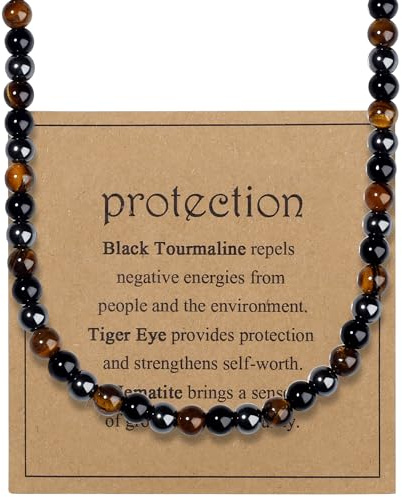 AWARDSEN Men's Necklaces Black Tourmaline Tiger Eye Beaded Necklace for Men Dad Boyfriend, Protection Necklace Natural Healing Stone Inspirational Jewellery, Father Day Birthday Gifts