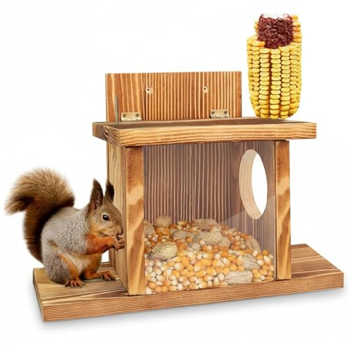 Eichhörnchen-Futterspender für den Außenbereich, Klappdeckel-Eichhörnchenbox aus Holz mit klarem Fenster, wetterfeste Nussstange, Streifenhörnchen-Futterspender für Holzdeck, Baumzaun, 35, 6 x 12, 7