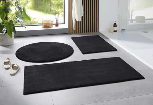 Taracarpet Badematte Uni Boho rutschfest, waschbar, Badezimmer-Teppich, Bad-Vorleger, WC Deko, Duschvorleger für Dusche und Badewannen weich und als Set kombinierbar New Schwarz 050x080 cm