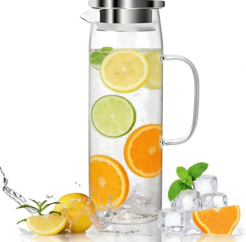 MITUMORMOR Glaskaraffe mit Deckel 1,5 L Wasserkaraffe aus Glas, Hitzebeständig Wasserkocher, Glas Karaffe mit Edelstahl Deckel, Glaskanne für Getränke, Saft, Tee, Milch