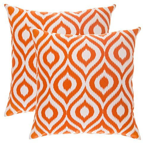 TreeWool (2 Pack Ogee Ikat Accent Cotton Canvas Cushion Covers (45 x 45 cm, Orange & White)