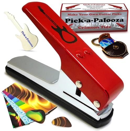 pick-a-palooza ® DIY Guitar Pick Punch – Die Premium Gitarre Plektrum-Hersteller und eine Leder Schlüsselanhänger Plektrum Halter Geschenkset rot