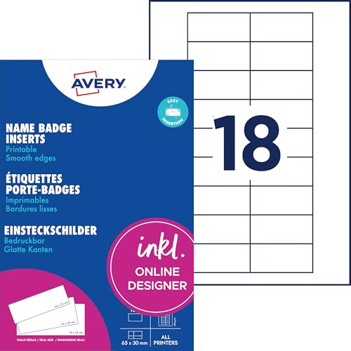 AVERY Zweckform DPC6530A-10 Einsteckschilder für Namensschilder 180 Stück (65x30mm, individuell bedruckbare Einsteckkarten, feine Mikroperforation, passende Namenskarten für polar30 Schilder) weiß