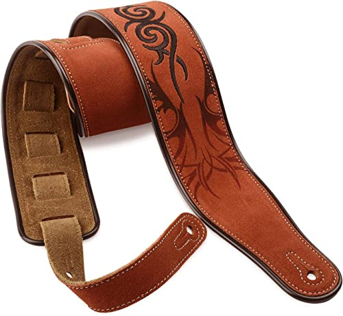 Dulphee Leder Gitarrengurt, 7,1 cm Breite Wildleder Gitarrengurt für Bass, E-Gitarre und Akustikgitarre (Braunes Tribal)