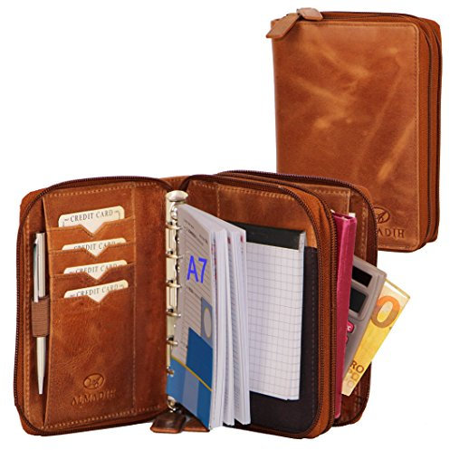 ALMADIH Leder A7 Kombimappe 2 Fächer mit Reißverschluss + Kalender 2026 Premium Rindsleder Braun Deluxe in Geschenkbox Ledermappe Mappe Schreibmappe Terminplaner Terminkalender Ringbuchmappe BD
