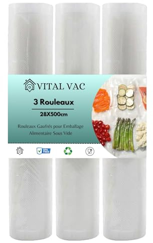 VITAL VAC Vakuumierbeutel | 3 Rollen 28 x 500 cm | Vakumierfolienrollen Lebensmittel für Vakuumiergerät | Geeignet für Sous Vide, Konservierung, Gefrieren, Mikrowelle und Kochen