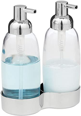 mDesign Doppel-Seifenspender – herausnehmbarer Pumpseifenspender aus Glas und Edelstahl für Bad und Küche – wiederbefüllbarer Lotionspender für Seife und Handcreme – durchsichtig und silberfarben