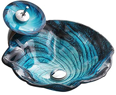 Ksunun Waschbecken Gehärtetes Glas Aufsatzwaschbecken Schwarz Blau Wirbel Design Handwaschbecken mit Wasserfall Wasserhahn und Wasserablauf, Waschschale, für Bad und Gäste WC