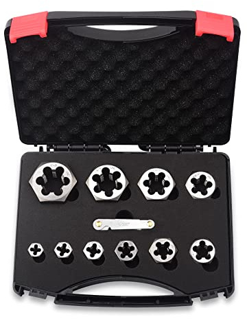 11-teiliges UNC Sechskant-Schneideisen-Set 1/4 Zoll 5/16 Zoll 3/8 Zoll 7/16 Zoll 1/2 Zoll 9/16 Zoll 5/8 Zoll 3/4 Zoll 7/8 Zoll 1 Zoll Rethreading Carbon Steel Black Box with Handle